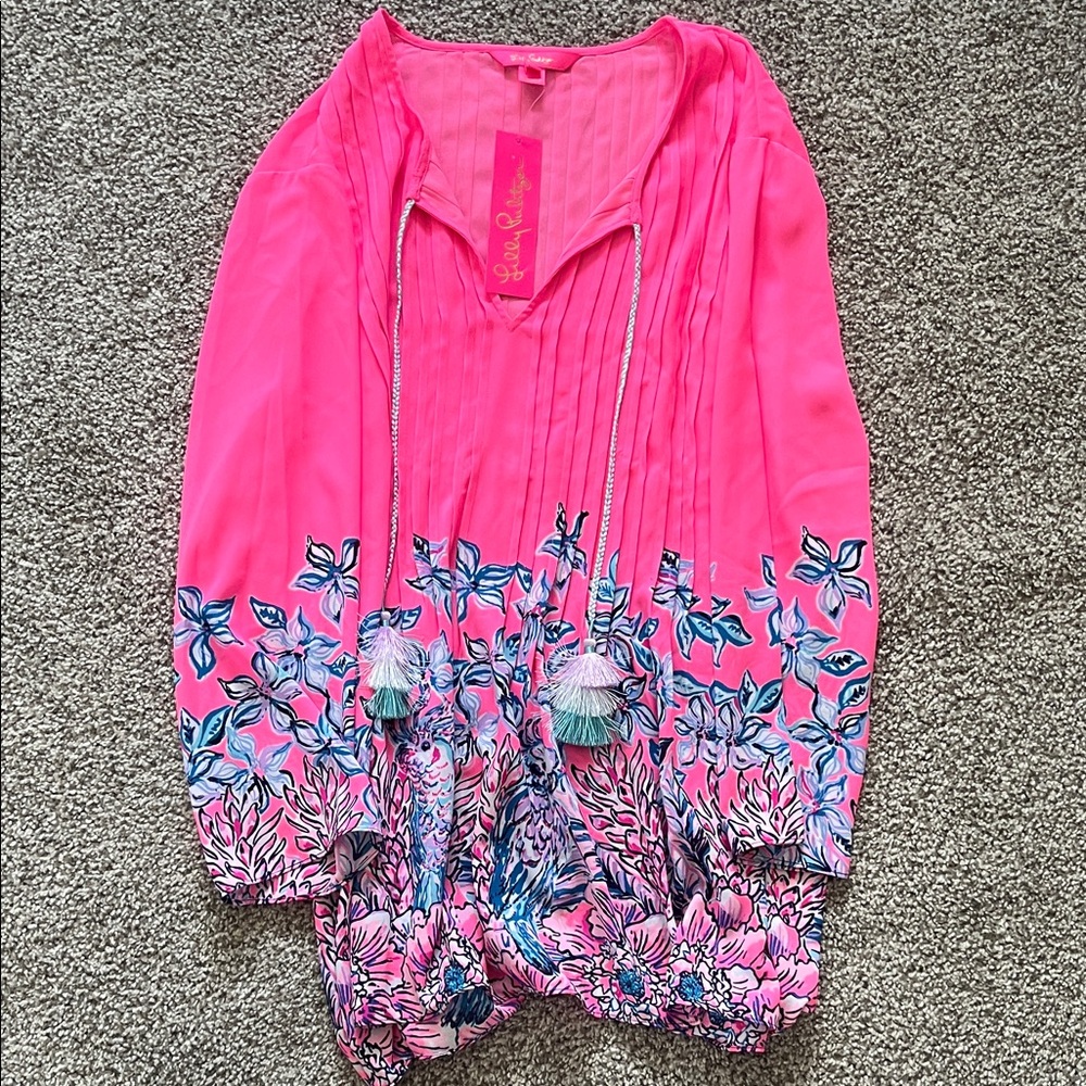 NWT Lilly Pulitzer Hot Pink Floral Tassel Peasant Tunic, Size XL